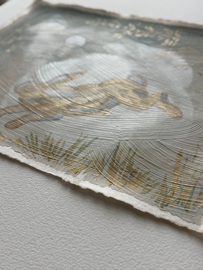 "Bounding Bunny" painting on handmade paper of a rabbit jumping