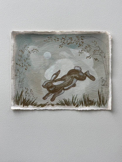 "Bounding Bunny" painting on handmade paper of a rabbit jumping