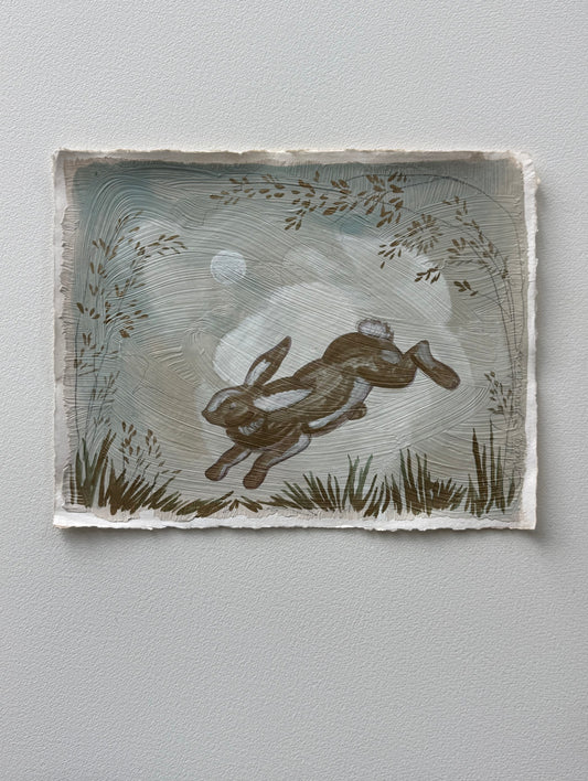 "Bounding Bunny" painting on handmade paper of a rabbit jumping