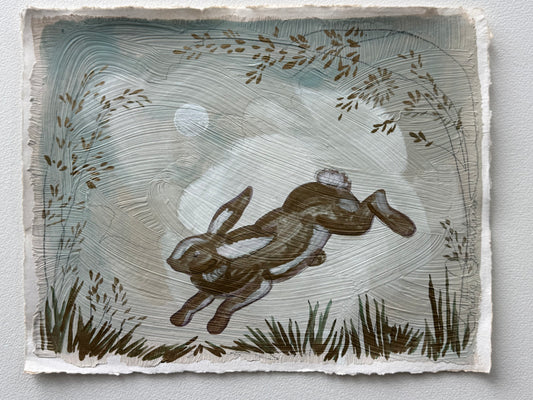 "Bounding Bunny" painting on handmade paper of a rabbit jumping