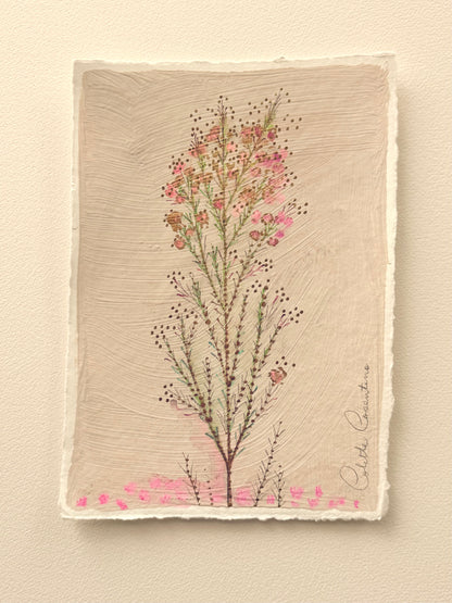 Pink and Gold Floral Sprig painted on handmade paper