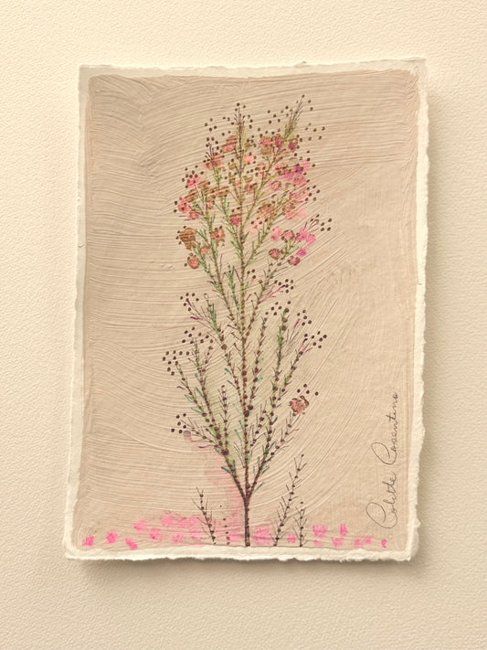 Pink and Gold Floral Sprig painted on handmade paper