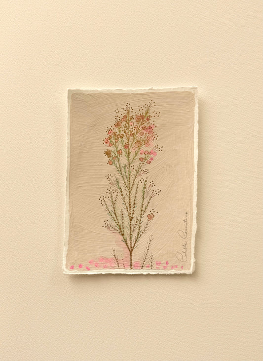Pink and Gold Floral Sprig painted on handmade paper