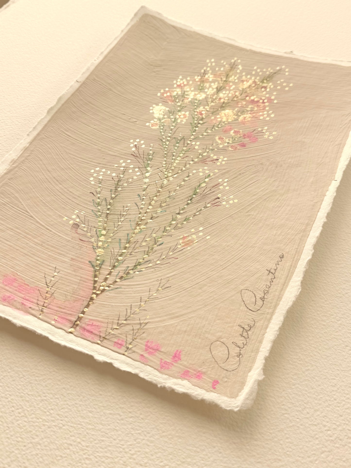 Pink and Gold Floral Sprig painted on handmade paper