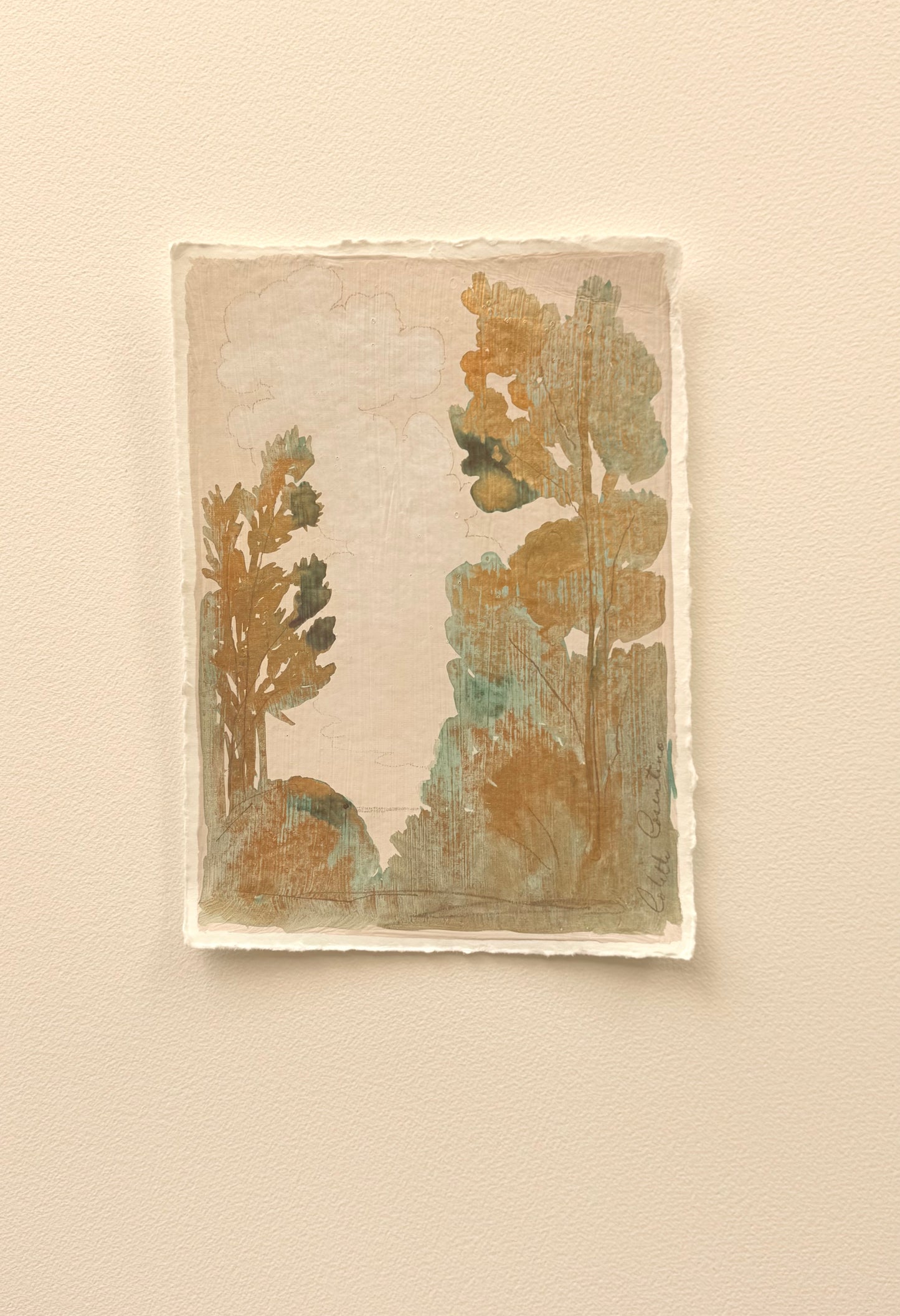 Bucolic landscape in metallic gold and green on handmade paper