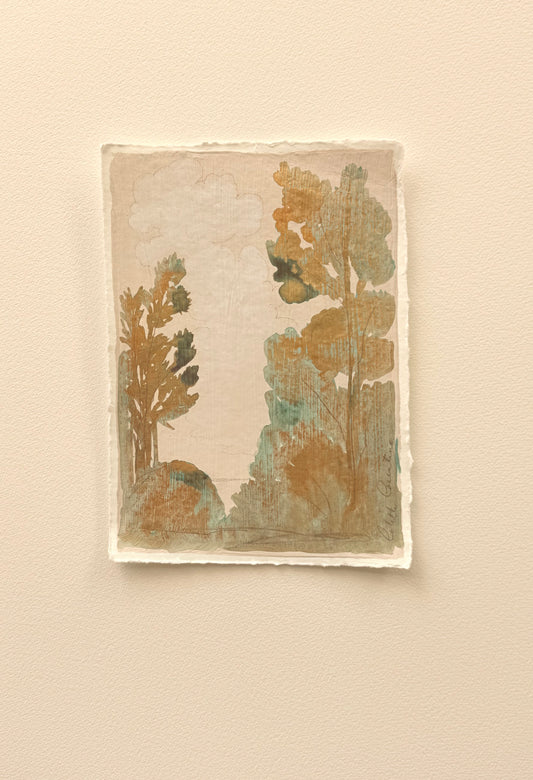 Bucolic landscape in metallic gold and green on handmade paper