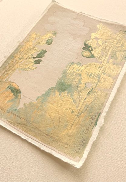 Bucolic landscape in metallic gold and green on handmade paper