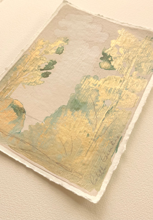 Bucolic landscape in metallic gold and green on handmade paper