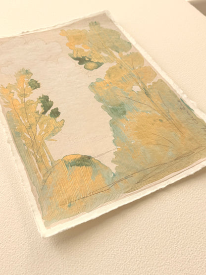 Bucolic landscape in metallic gold and green on handmade paper