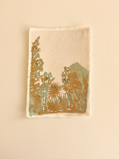 Golden verdigris Landscape on handmade paper