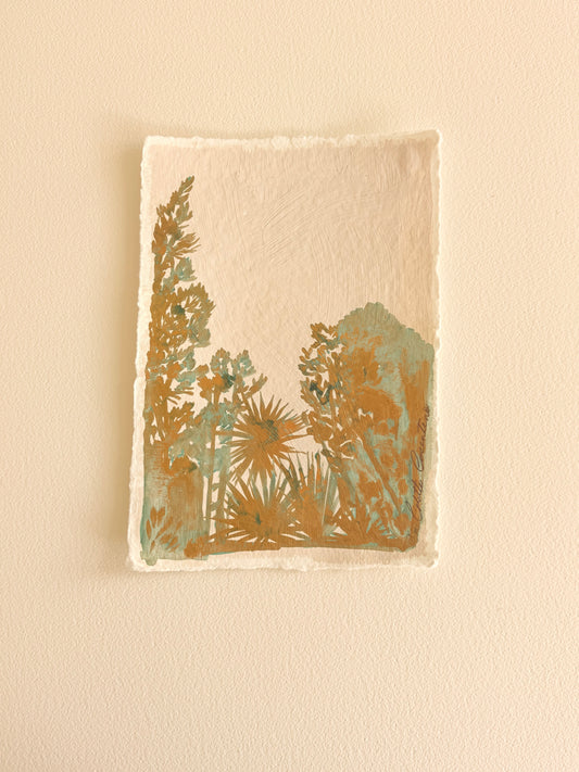 Golden verdigris Landscape on handmade paper