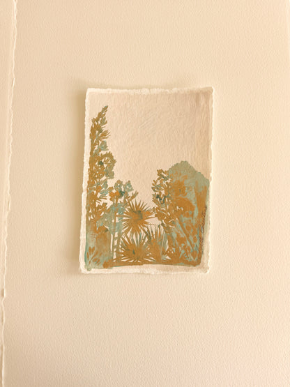 Golden verdigris Landscape on handmade paper