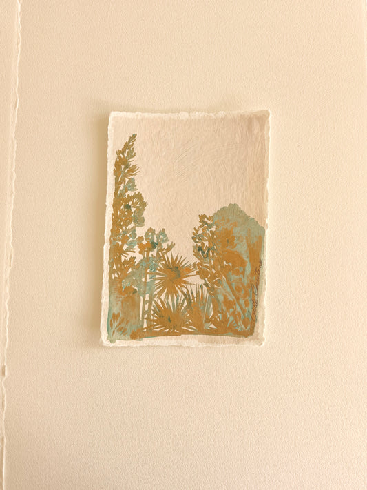 Golden verdigris Landscape on handmade paper