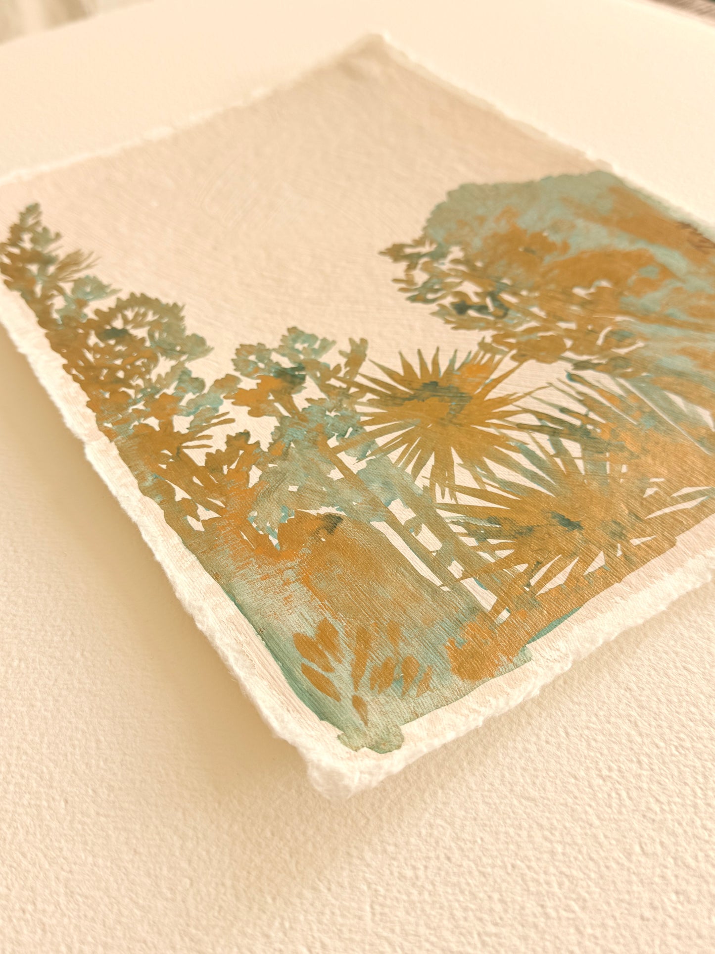 Golden verdigris Landscape on handmade paper