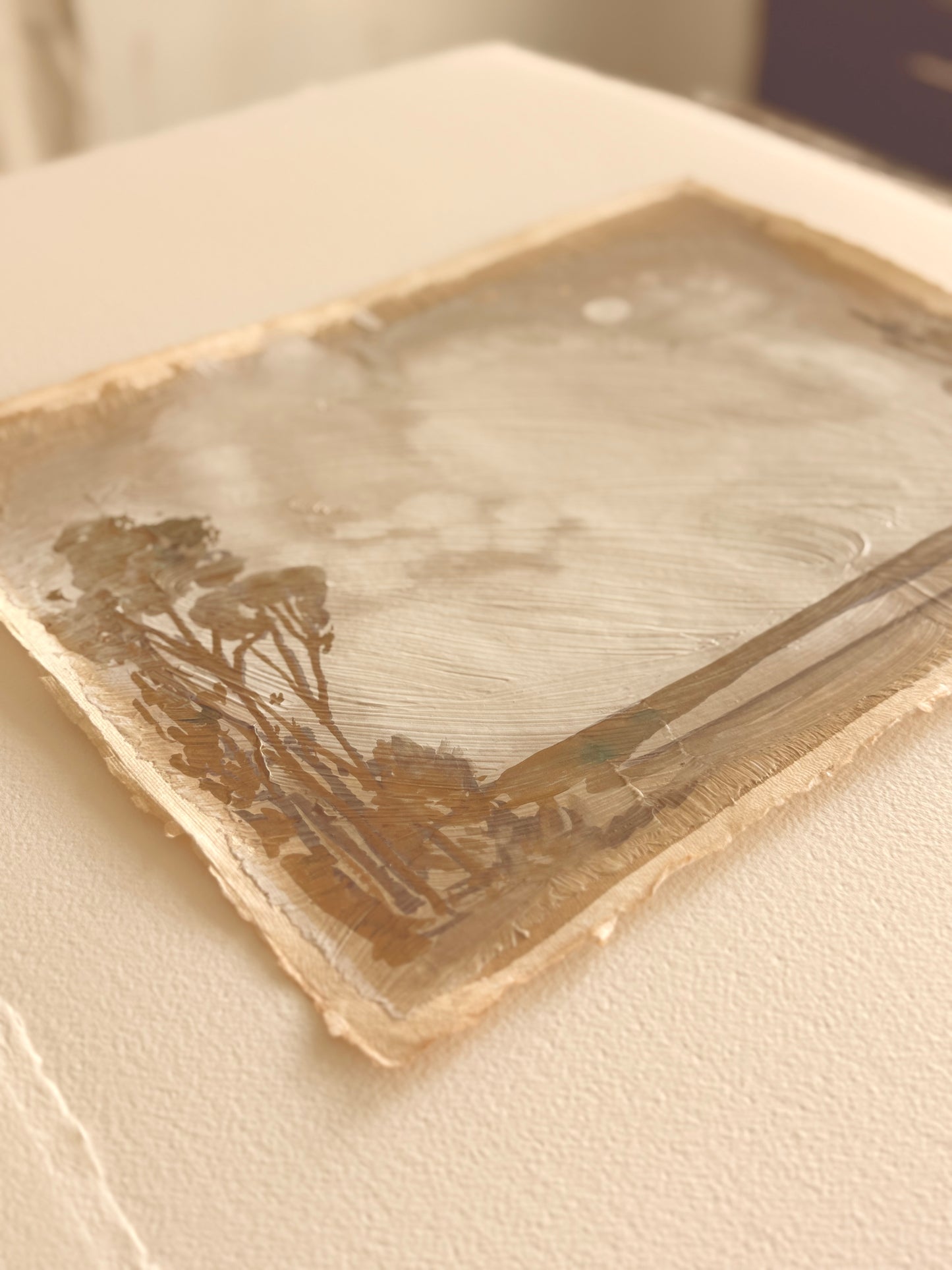 Bucolic landscape painted on handmade paper