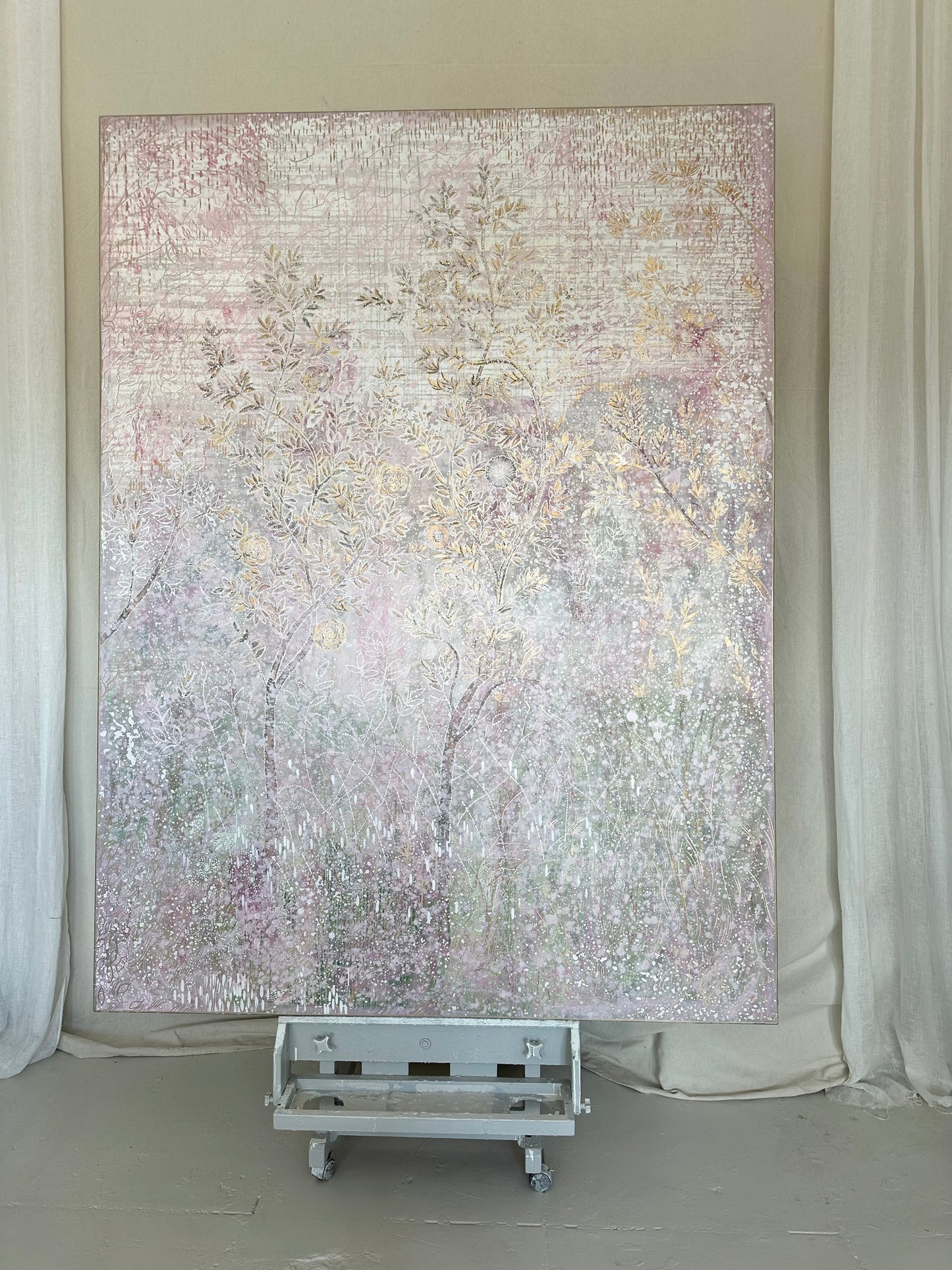 FOR ERIN : "Francine's Garden" 8 ft x 6 ft oil on canvas abstract chinoiserie painting in pink and green