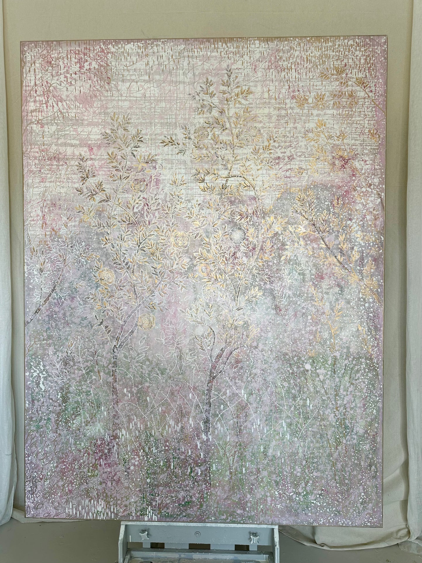 FOR ERIN : "Francine's Garden" 8 ft x 6 ft oil on canvas abstract chinoiserie painting in pink and green