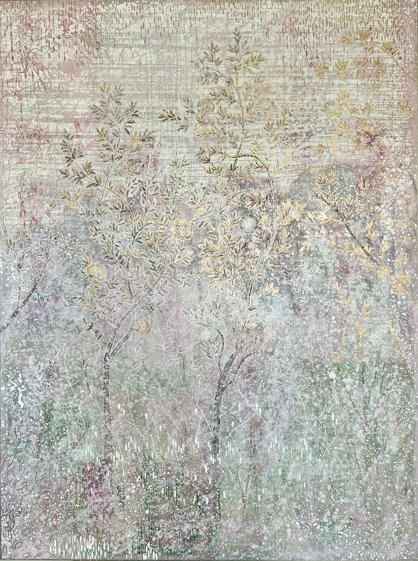 FOR ERIN : "Francine's Garden" 8 ft x 6 ft oil on canvas abstract chinoiserie painting in pink and green