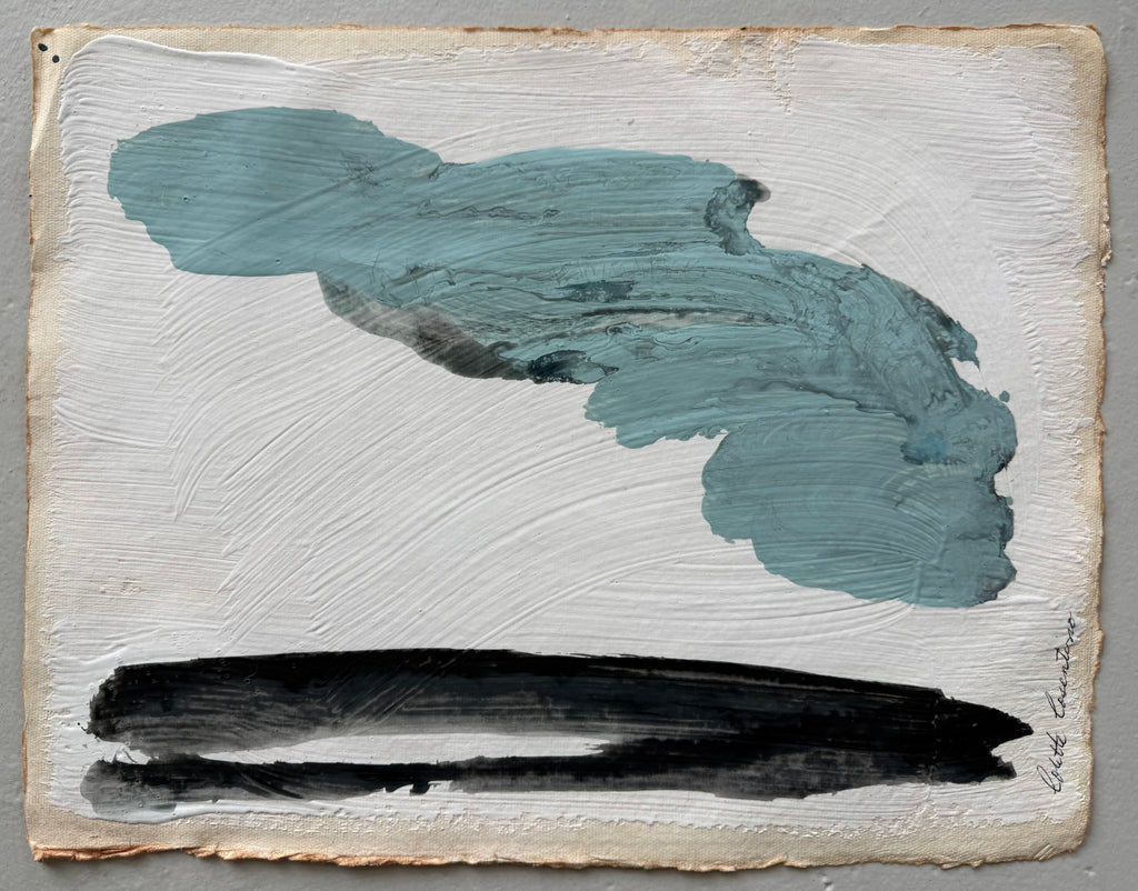 "Thoughtful Ponderings" abstract landscape in white, blue, and black
