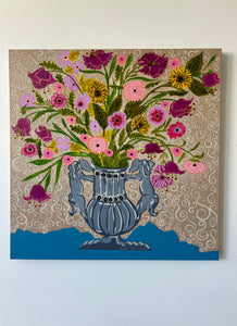 "Pewter Horse Urn with Flora" 48" x 48" acrylic on canvas by Rosemary Warren