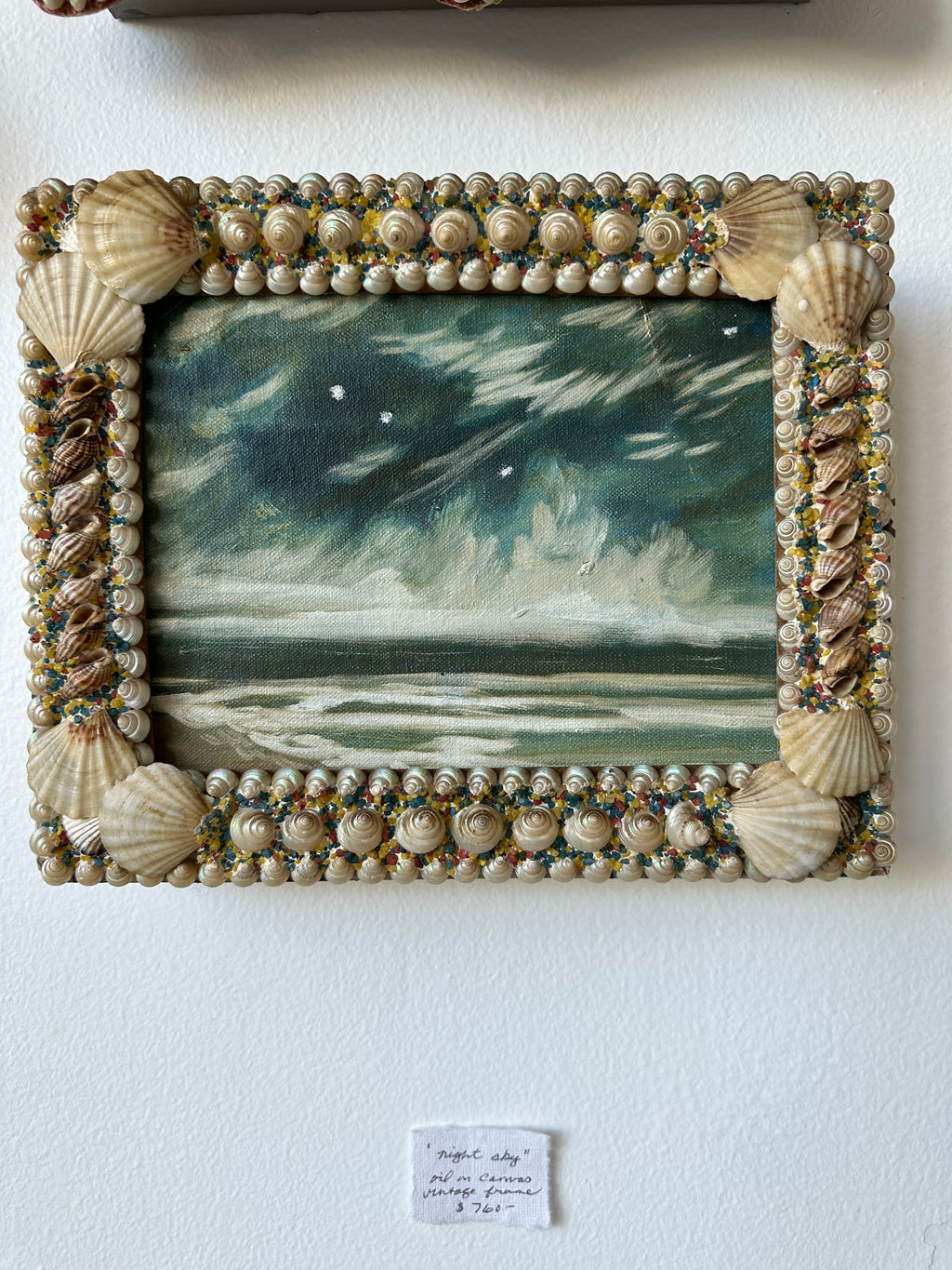"Night Sky" seascape in oil on canvas, mounted in a vintage seashell frame