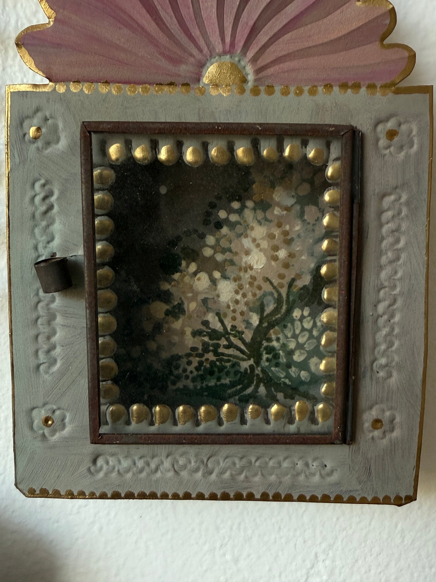 ART OBJECT: oil painting of flowering foliage within a Mexican tin frame
