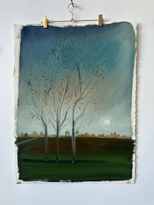 "Eastern Line" landscape oil painting on watercolor paper of trees with moon rising