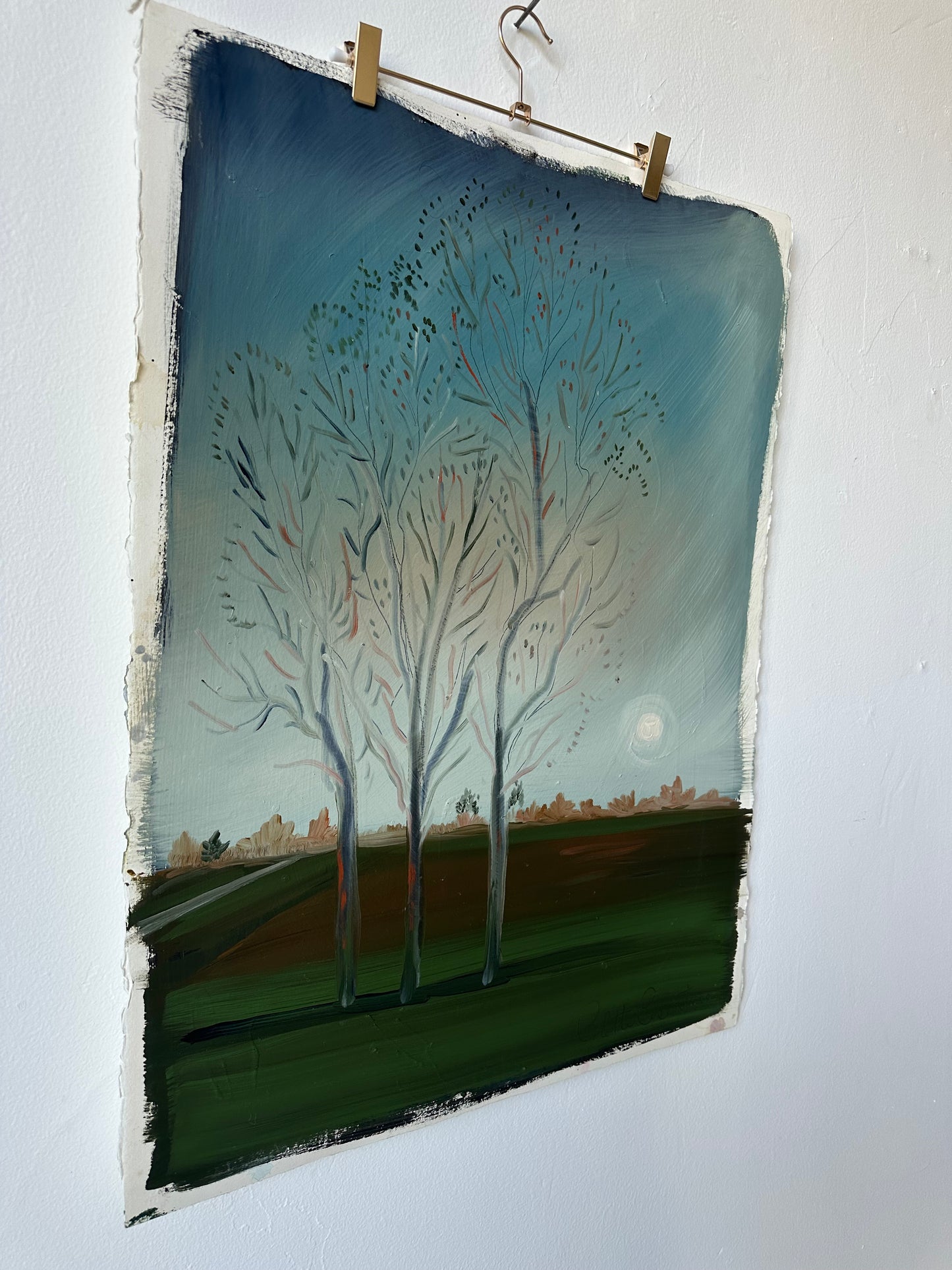 "Eastern Line" landscape oil painting on watercolor paper of trees with moon rising