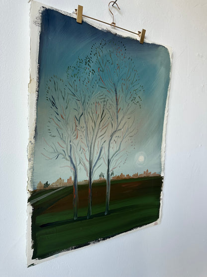 "Eastern Line" landscape oil painting on watercolor paper of trees with moon rising