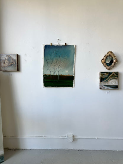 "Eastern Line" landscape oil painting on watercolor paper of trees with moon rising