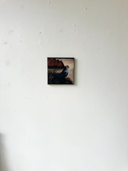 "Watchful" 12" x 12" fine art print on canvas depicting a blackbird looking out to sea