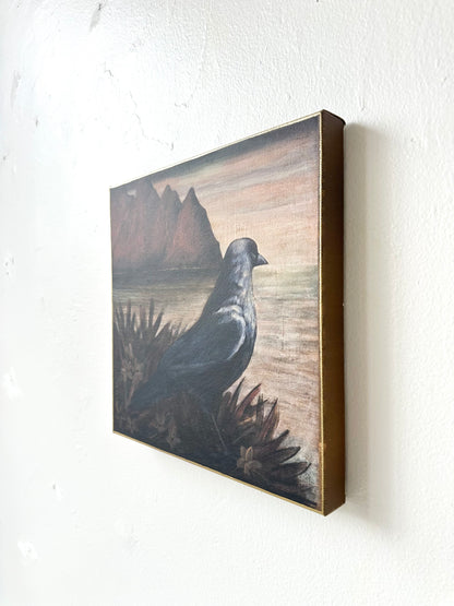 "Watchful" 12" x 12" fine art print on canvas depicting a blackbird looking out to sea