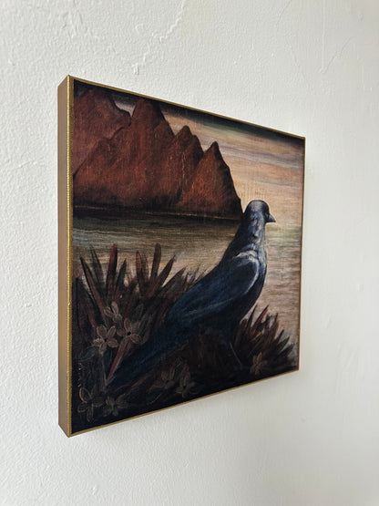 "Watchful" 12" x 12" fine art print on canvas depicting a blackbird looking out to sea