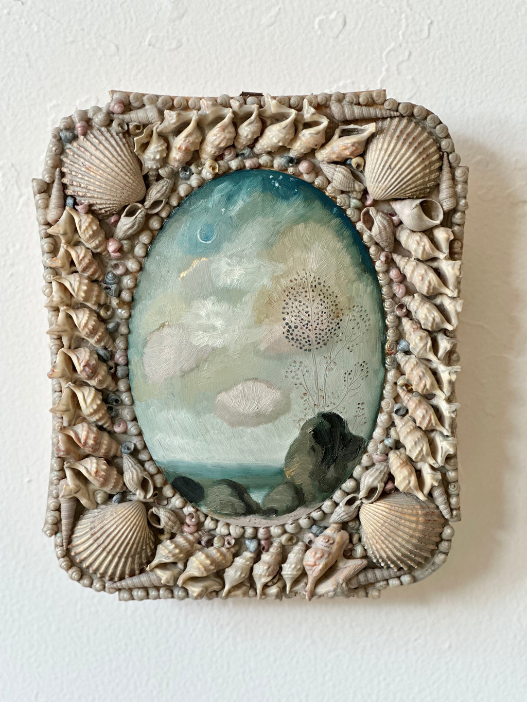 "Otherland View #7" imaginary seascape in vintage seashell frame