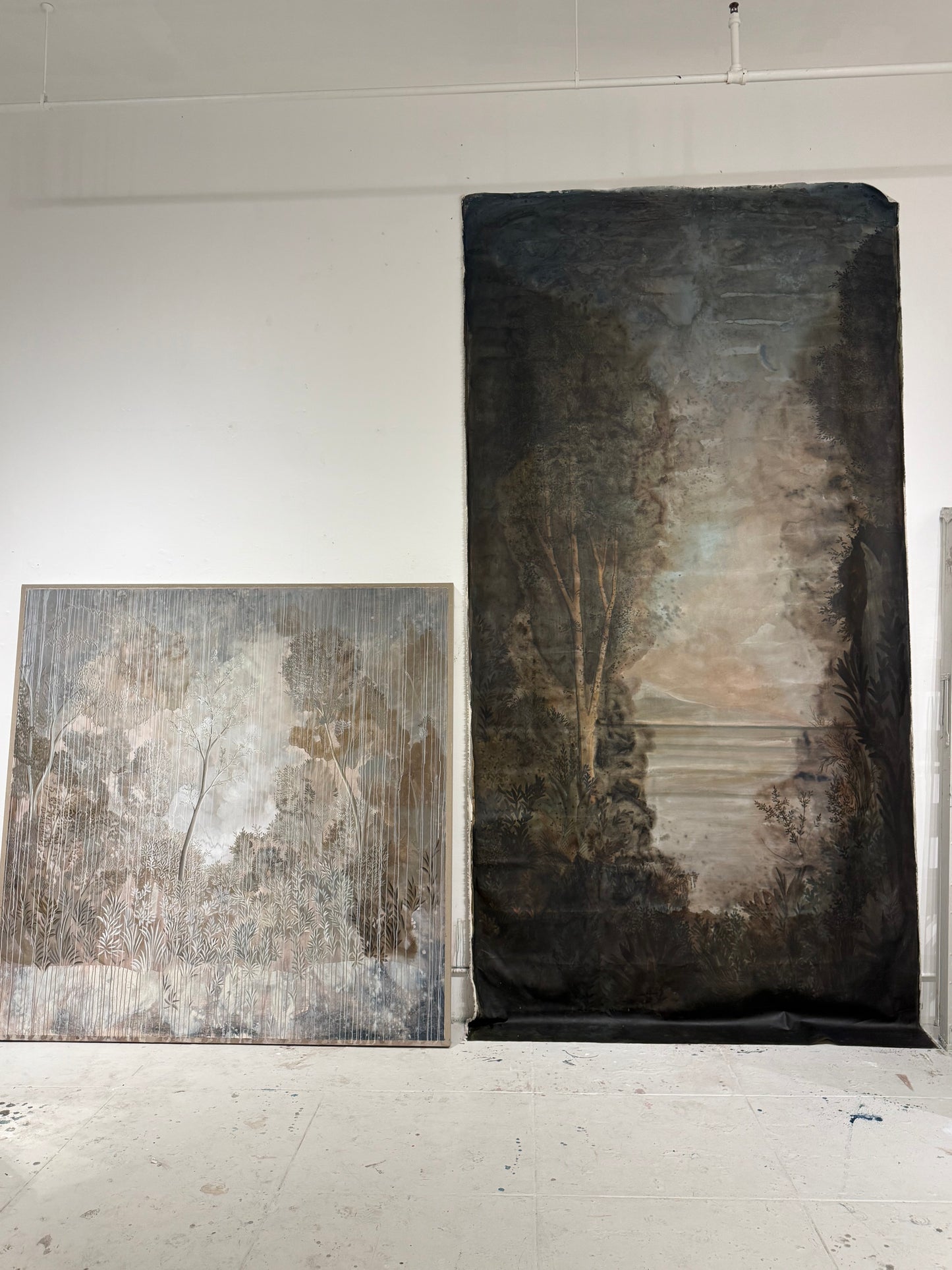 "Paradise" 84" x 84" detailed landscape in gray and beige tones