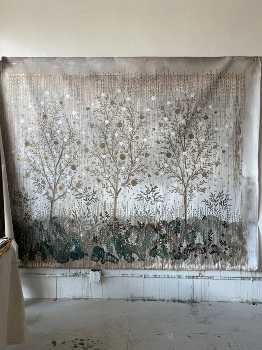 "Present" 70" x 90" painting of trees on loose canvas