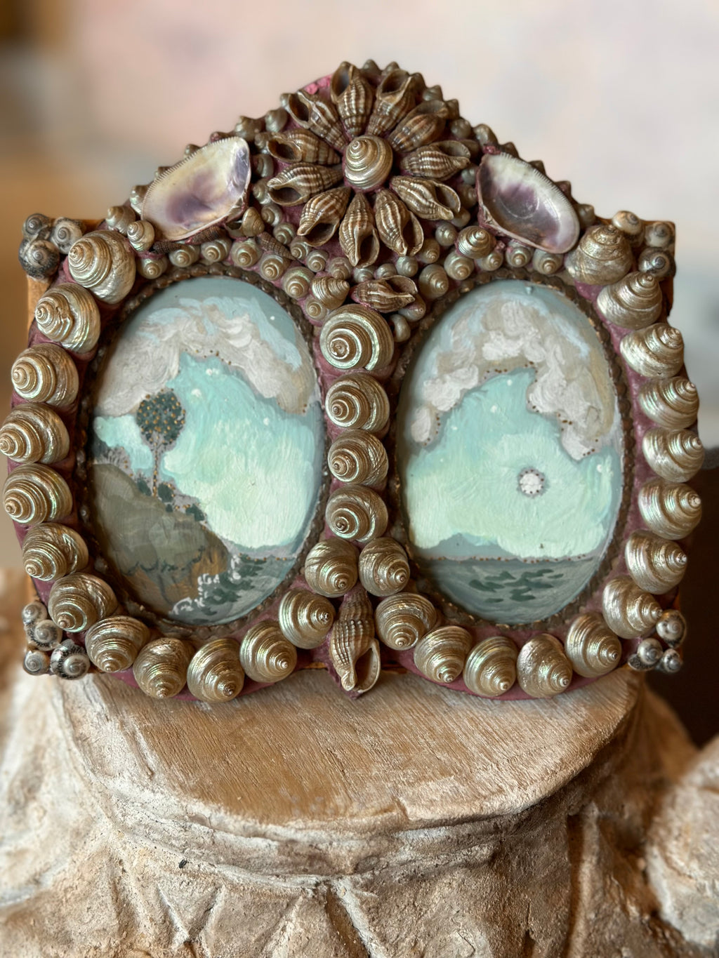 For Cate - an oil painting of Otherland within an antique seashell frame