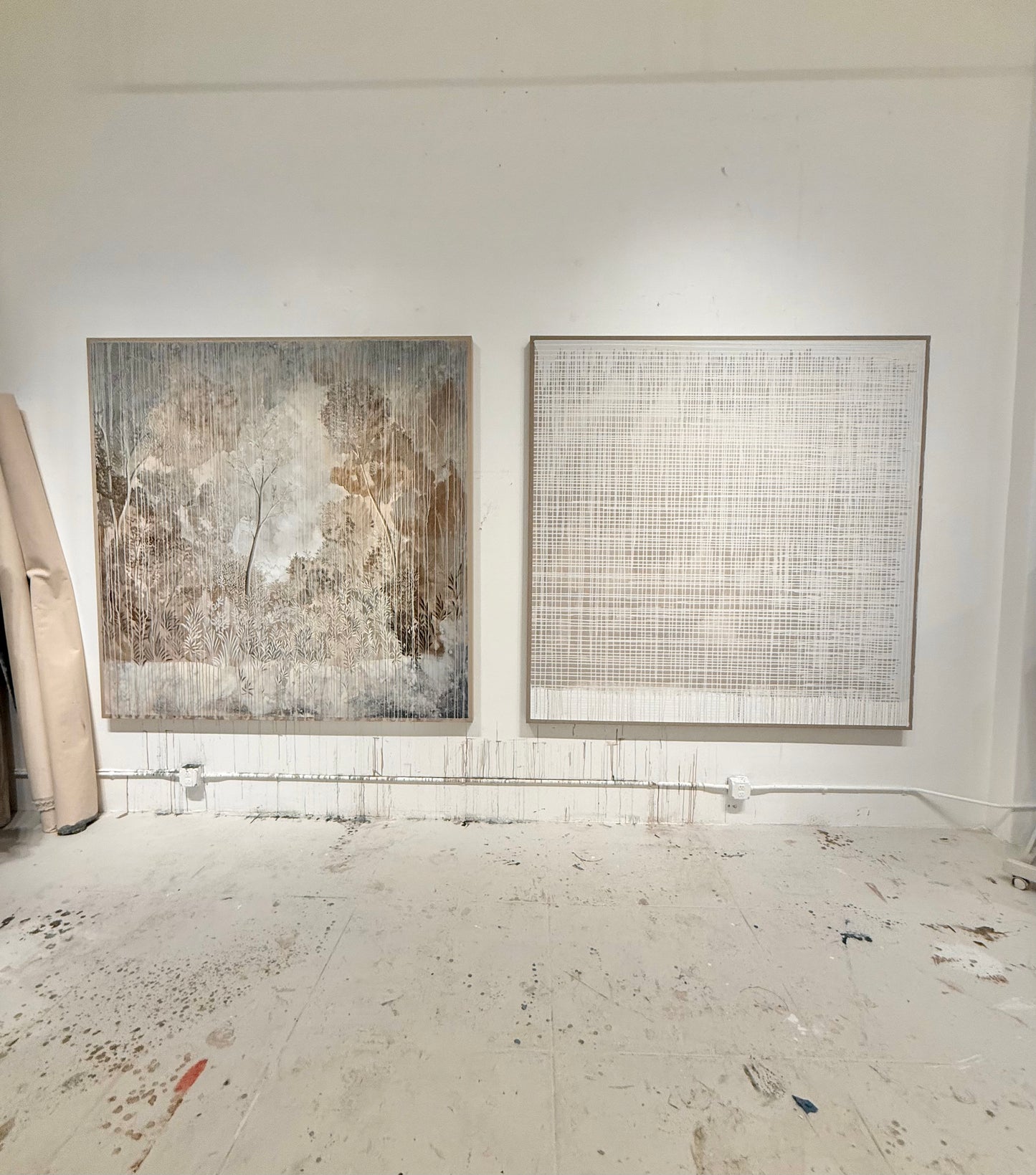 "Frequency" 84" x 84" abstract in beige and white on Belgian linen