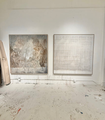 "Paradise" 84" x 84" detailed landscape in gray and beige tones