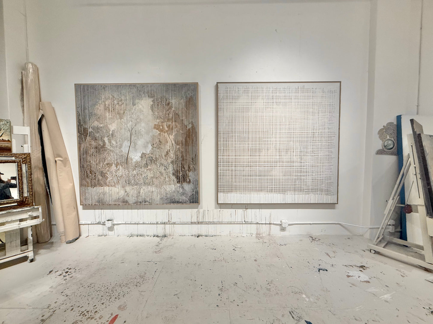 "Frequency" 84" x 84" abstract in beige and white on Belgian linen