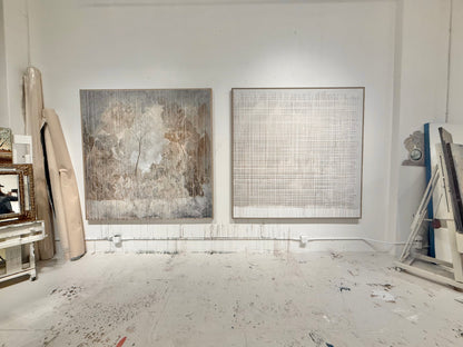 "Paradise" 84" x 84" detailed landscape in gray and beige tones