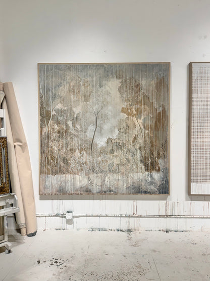 "Paradise" 84" x 84" detailed landscape in gray and beige tones
