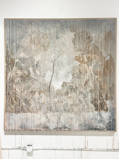 "Paradise" 84" x 84" detailed landscape in gray and beige tones