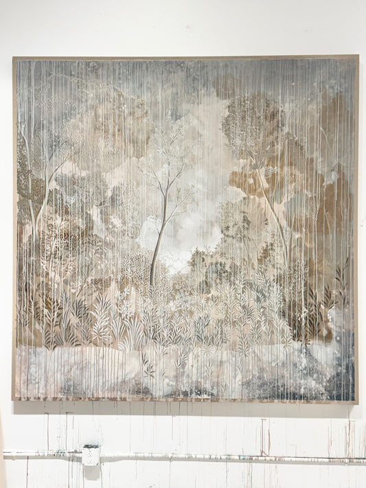 "Paradise" 84" x 84" detailed landscape in gray and beige tones