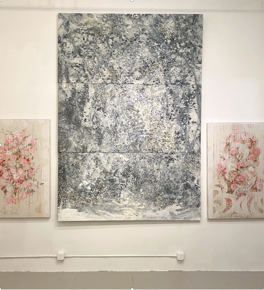 "Immediately, My Love" triptych ink blue and white abstract on canvas