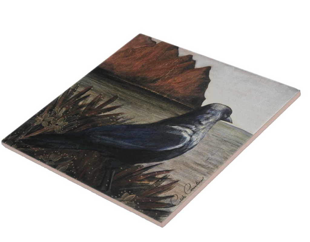 "Watchful" A Blackbird, Sea and Mountains printed on Ceramic TILE 6" x 6"