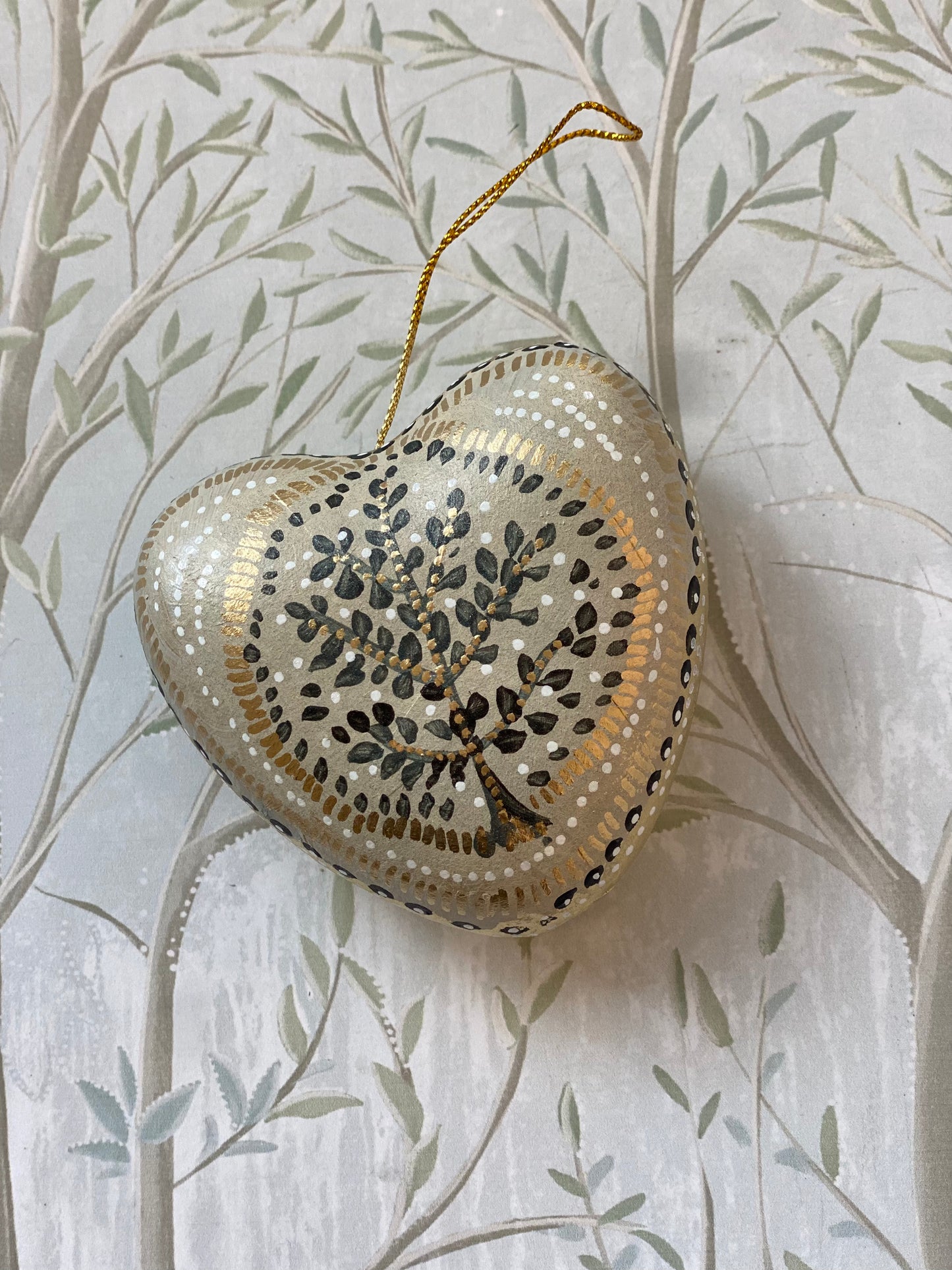 Tree of Life Hand Painted Holiday Ornament, Heart Shaped