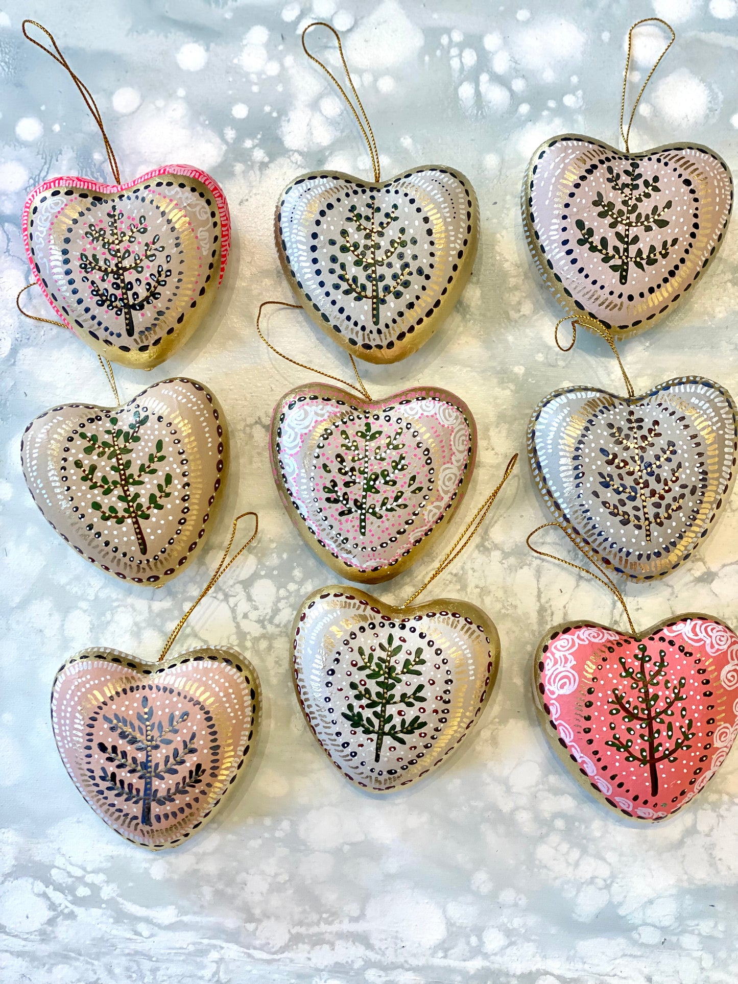 Tree of Life Hand Painted Holiday Ornament, Heart Shaped